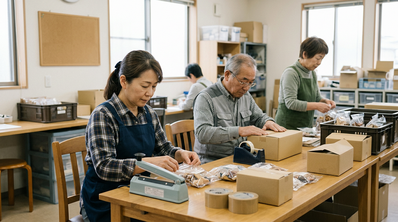就労継続支援B型 – 梱包・袋詰め作業に取り組む様子