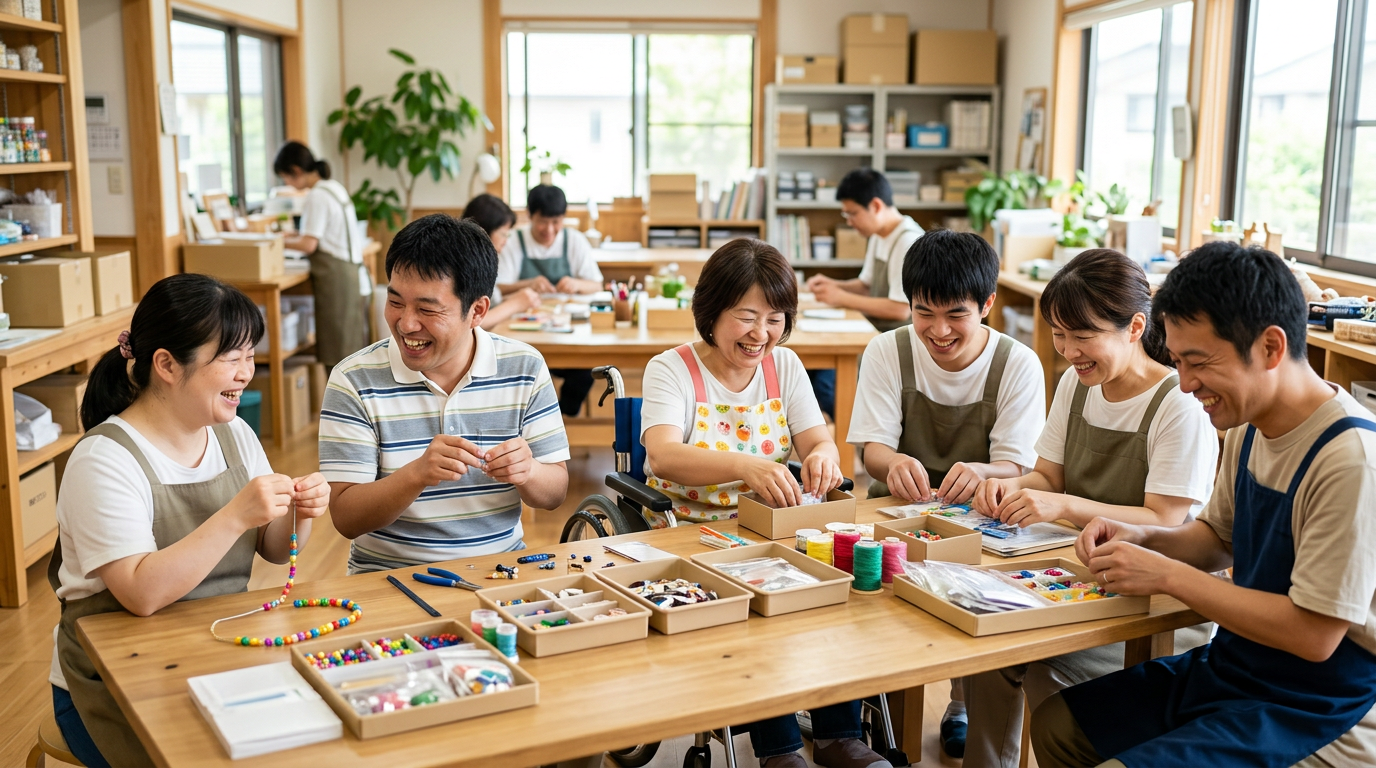 就労継続支援B型 – 利用者が笑顔で一緒に作業に取り組む様子