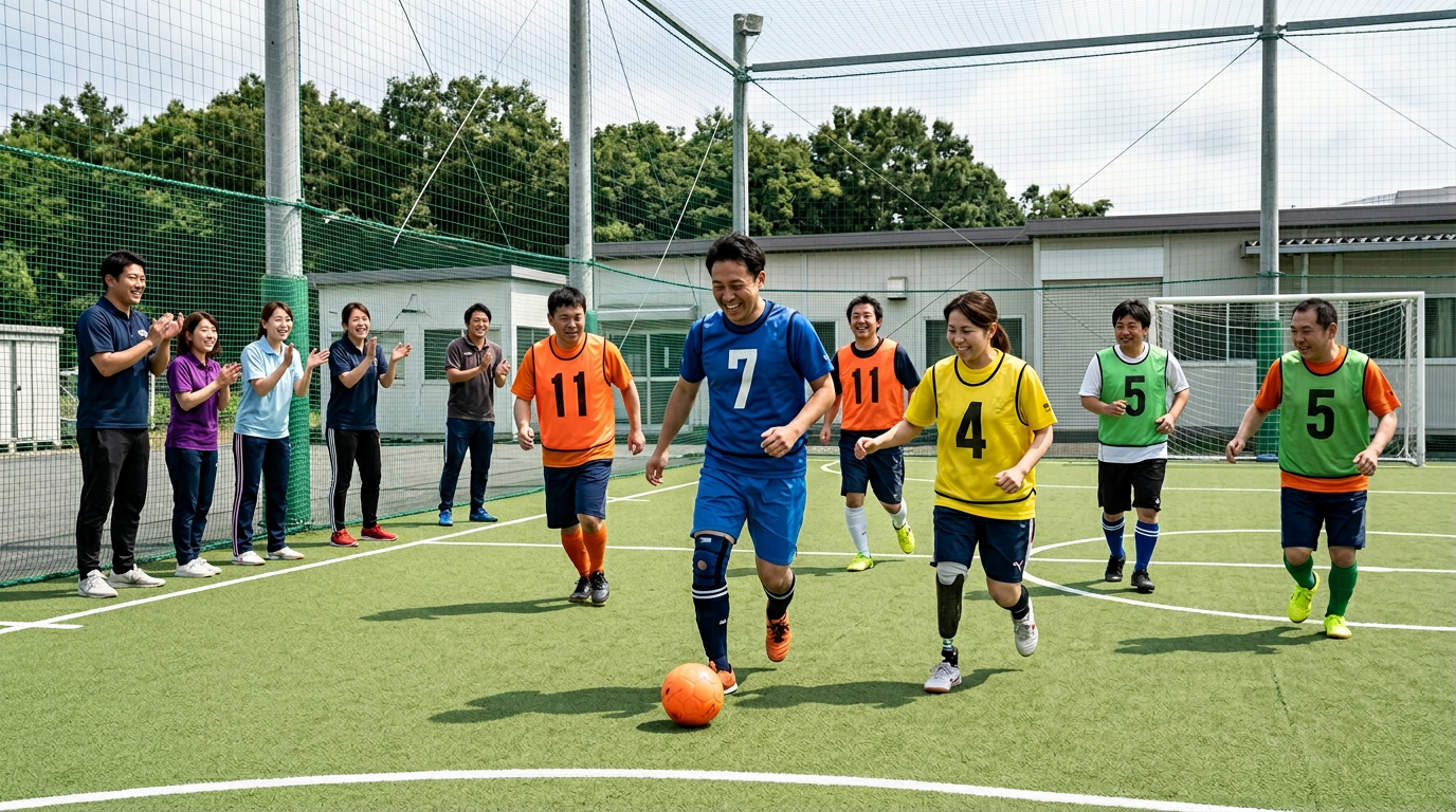 屋外フットサルコートでのスポーツ活動 – スタッフも一緒に盛り上がる風景