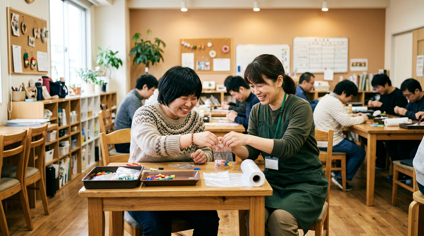 スタッフが利用者を笑顔でサポートしている様子